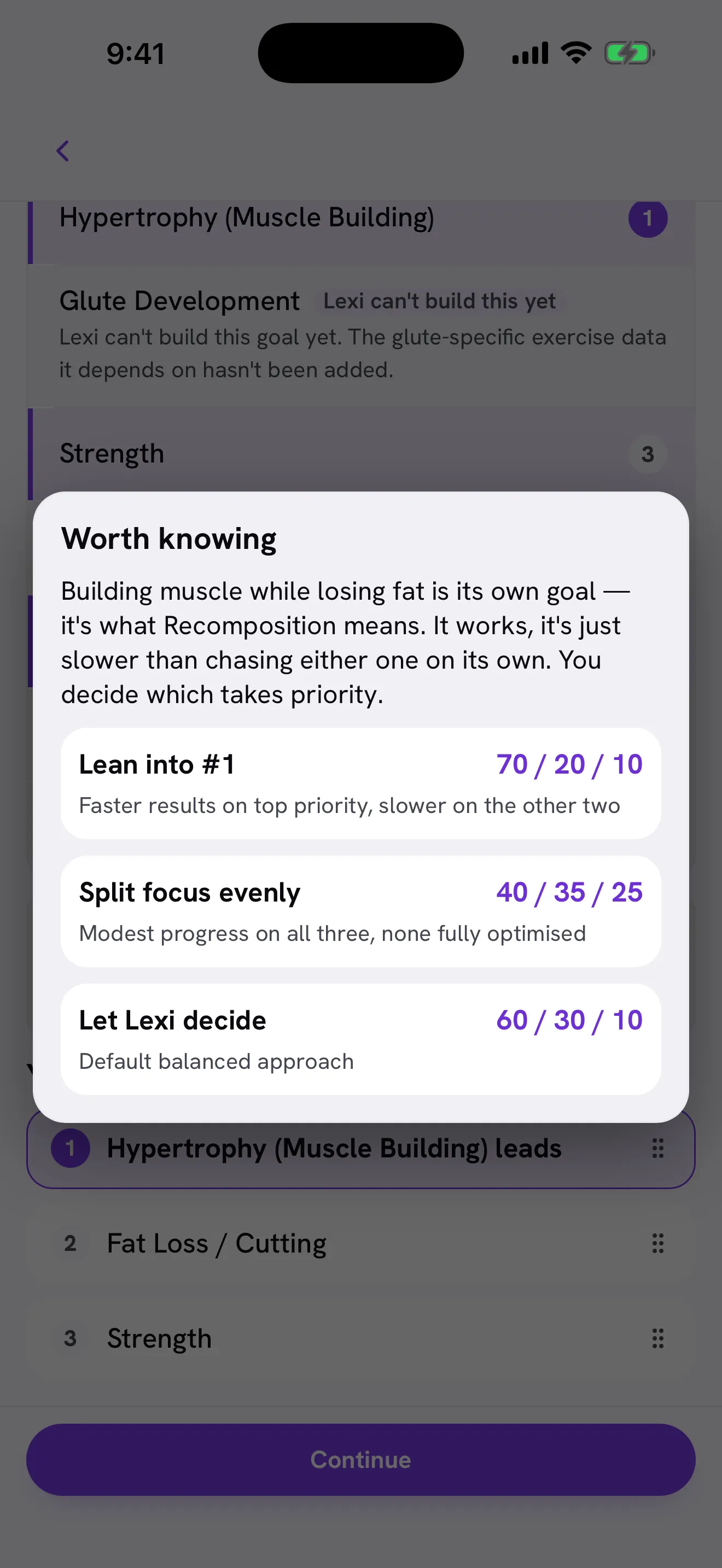 The Worth knowing card, explaining what it costs to chase two goals at once and offering three ways to split the priority.
