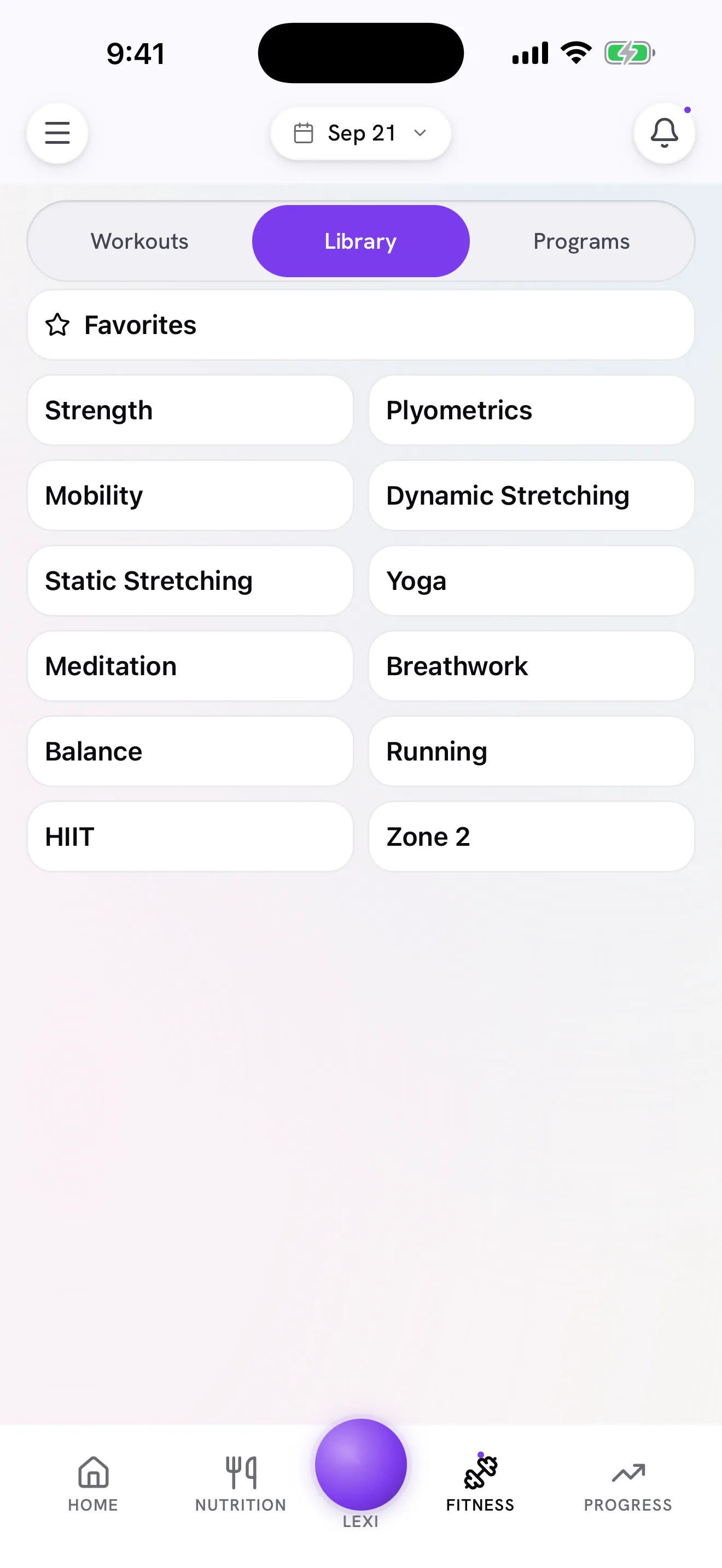 The exercise library, with every kind of training in one grid: strength, mobility, yoga, running, breathwork and more.