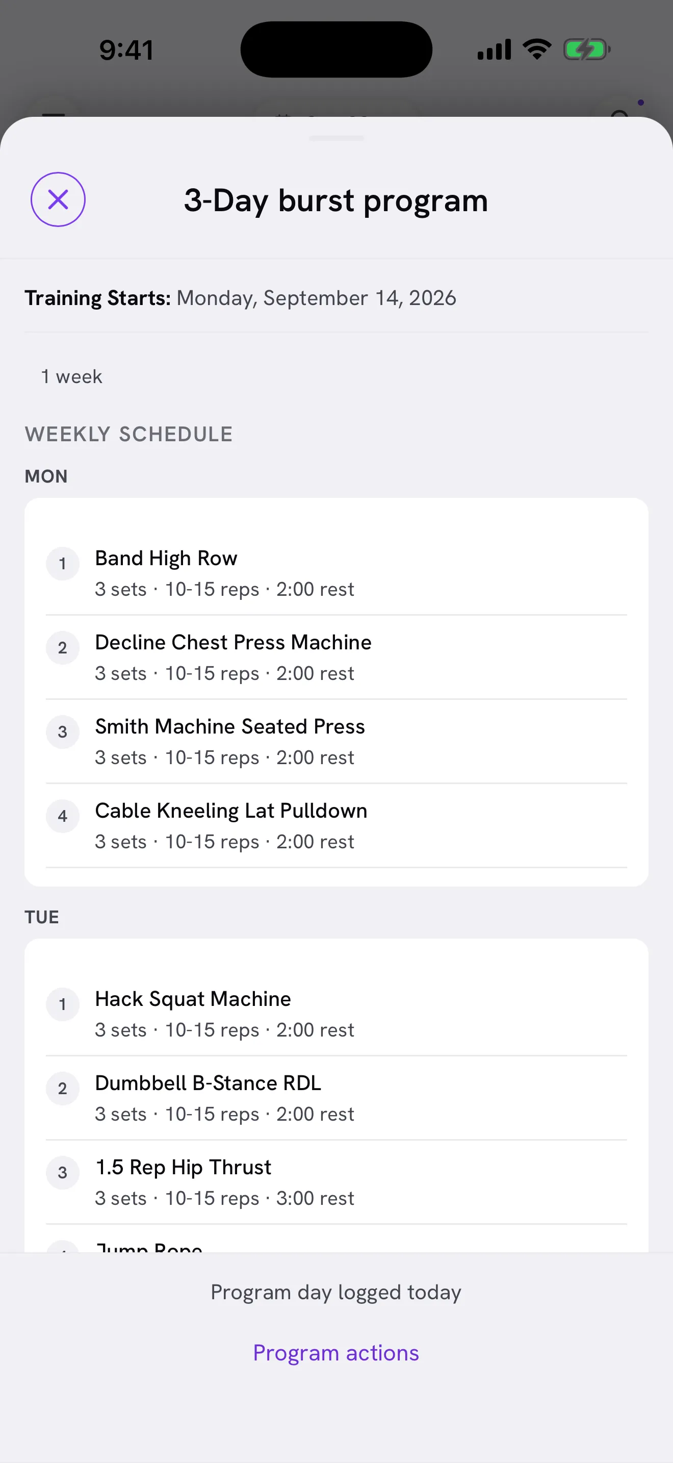 The "3-Day burst program" weekly schedule, open as a bottom sheet, with each day's exercises listed.