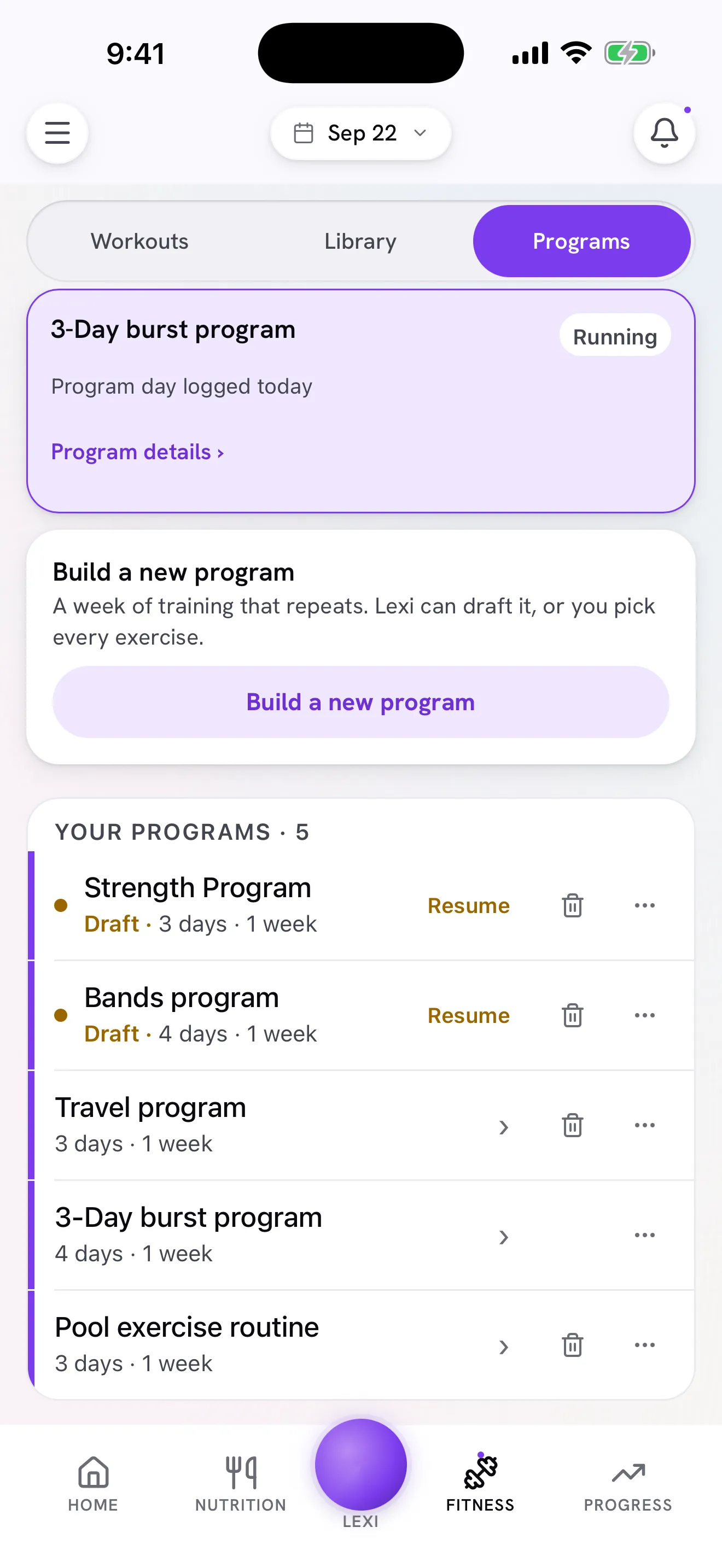 The programs landing screen: the running program at top, plus Strength, Bands, Travel and Pool programs beneath it.
