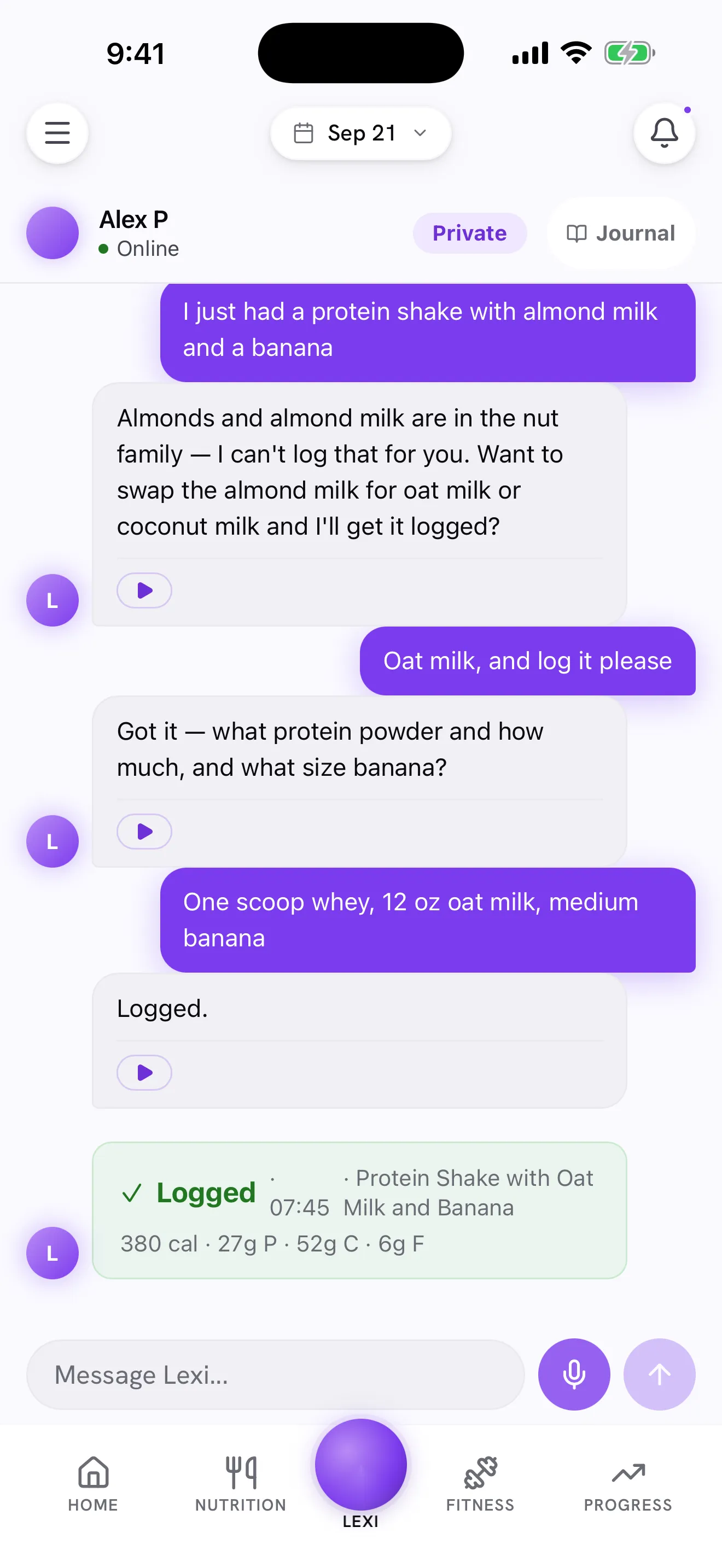The Lexi chat, where a meal has just been logged from inside the conversation and the macros appear on a card in the thread.