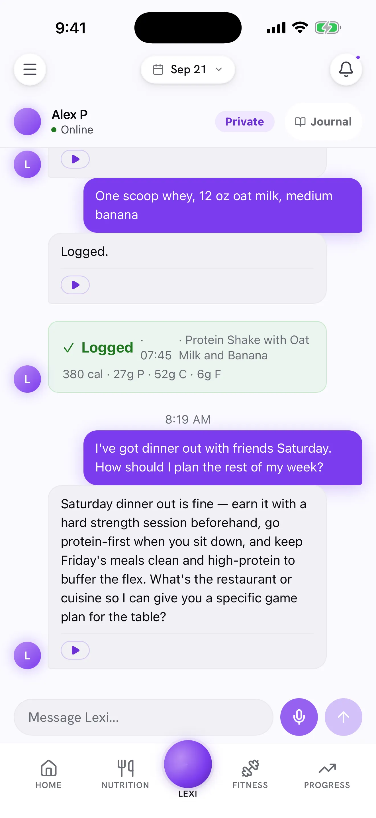 The Lexi chat screen, where she answers a question about the week ahead using what she already knows.