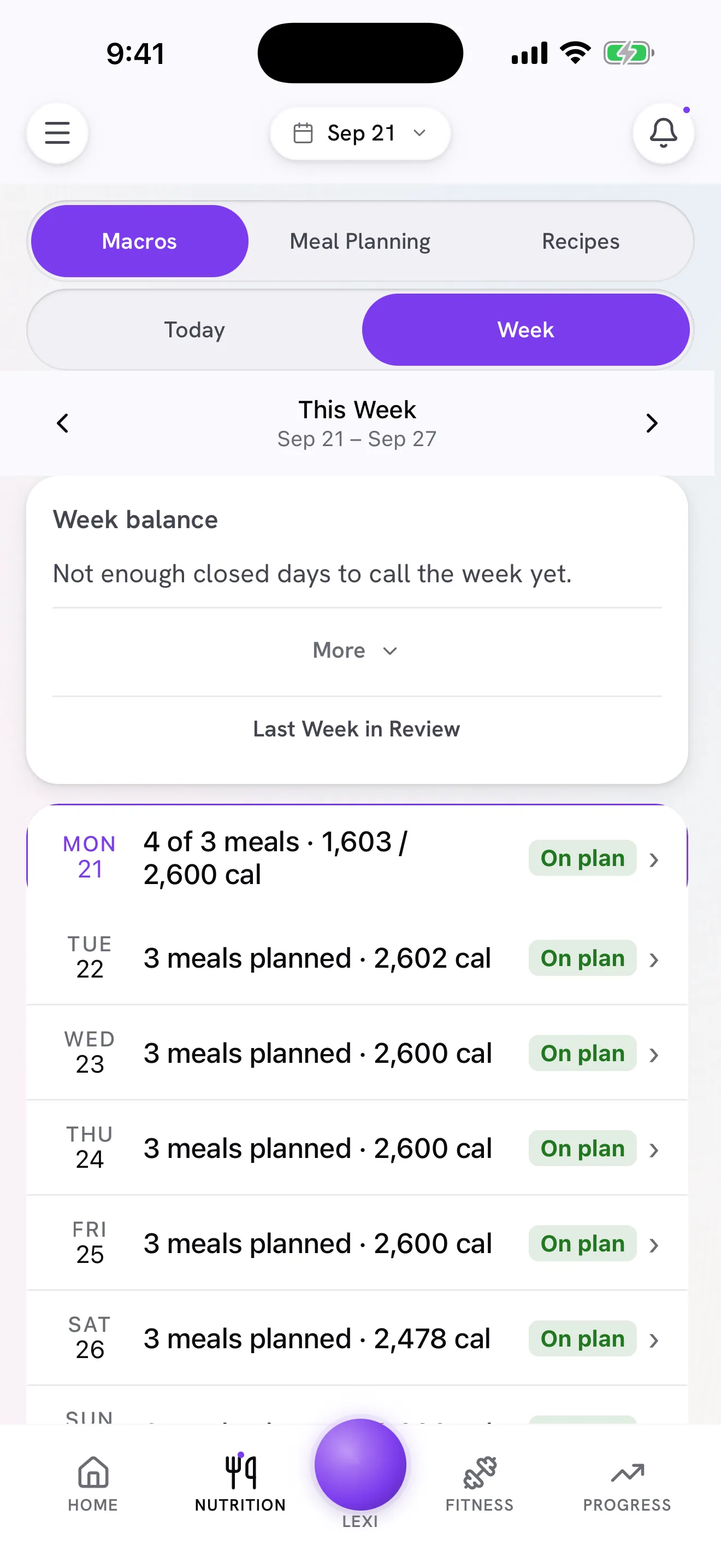 Win the Week: seven days scored together, each day marked on plan.
