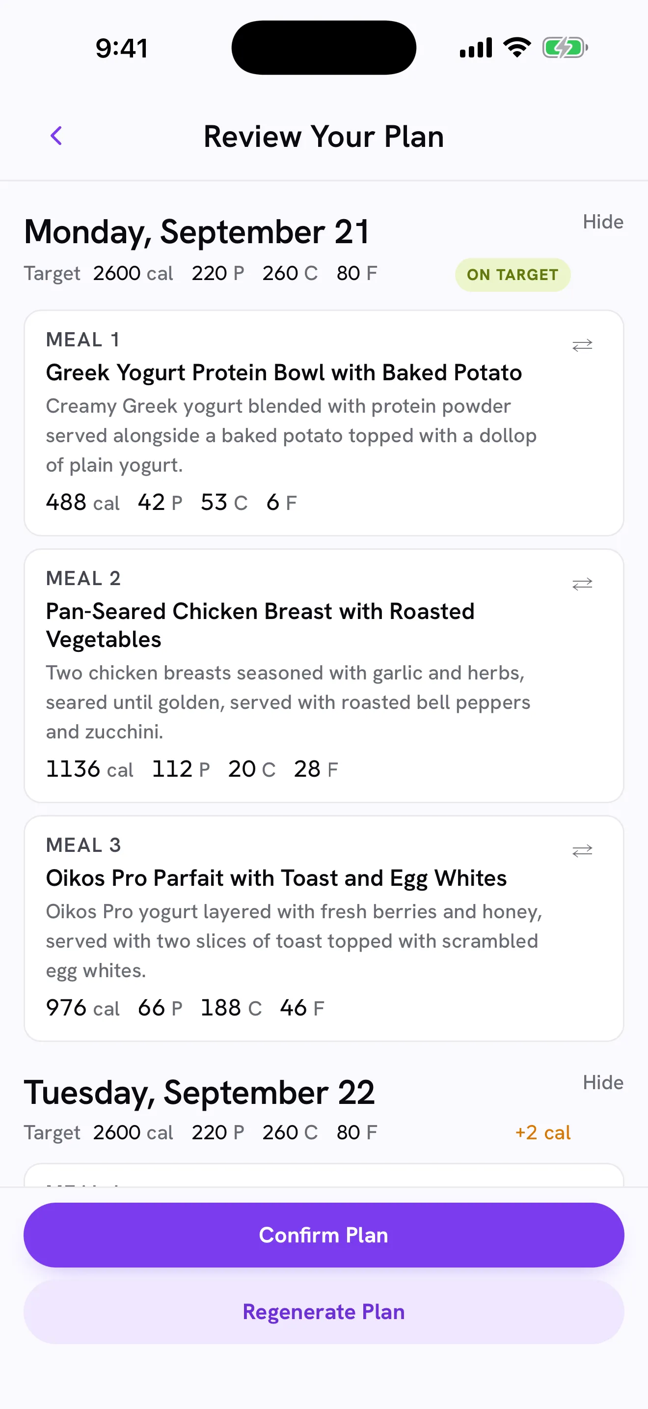 A composed seven-day meal plan, each day on target, with three meals and their macros.