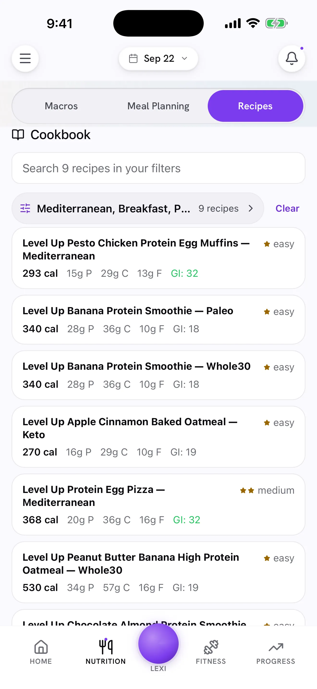 The cookbook filtered to Mediterranean, Breakfast and Paleo, showing nine recipes that match.